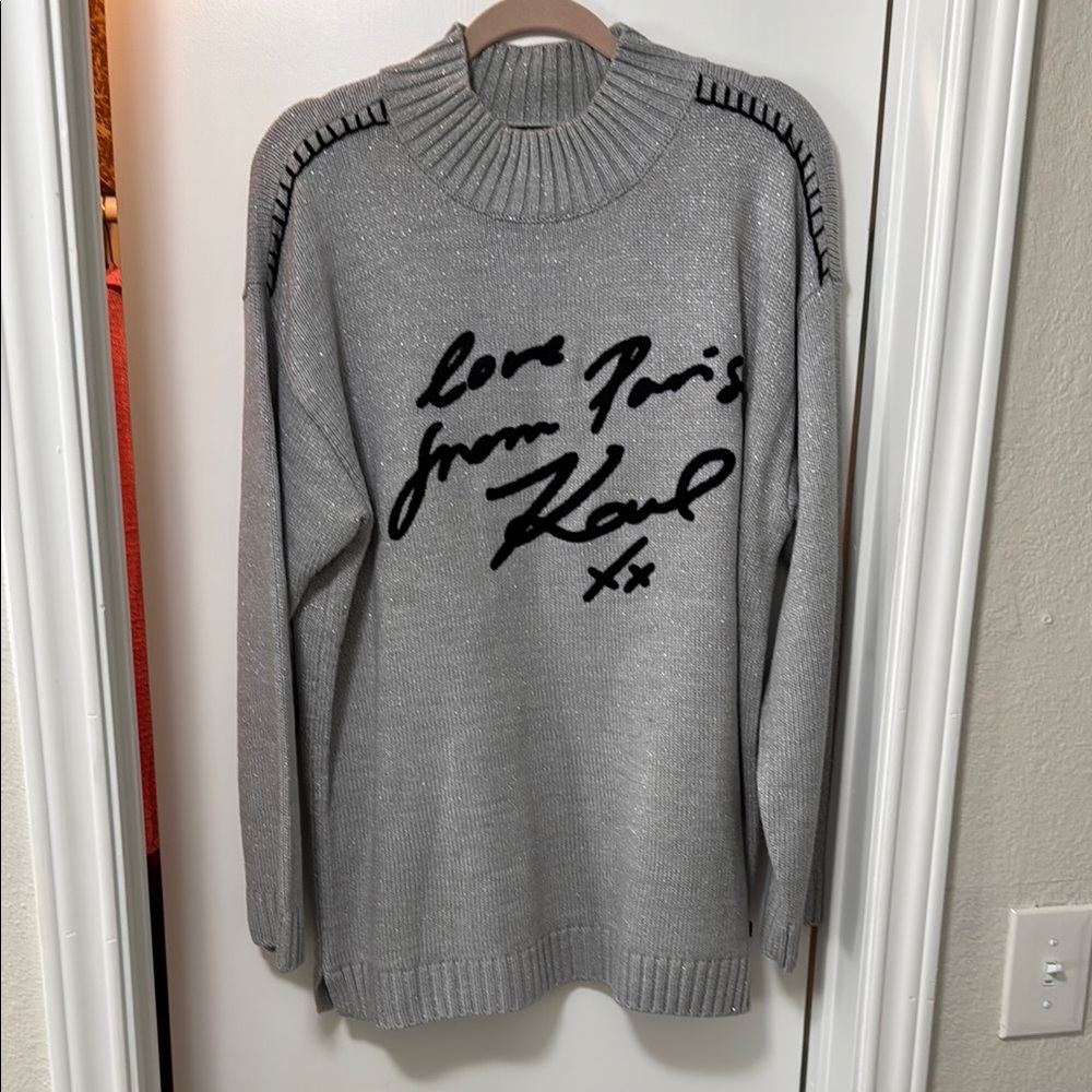 Karl Lagerfeld Light Gray Crewneck Sweater with Bold Text and Geometric Patterns